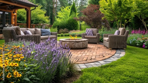contemporary patio furniture, with a firepit, background is a garden of flowers and plants 