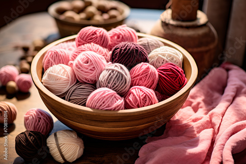 Several different balls of yarn in a bowl. Knitting. Generative AI