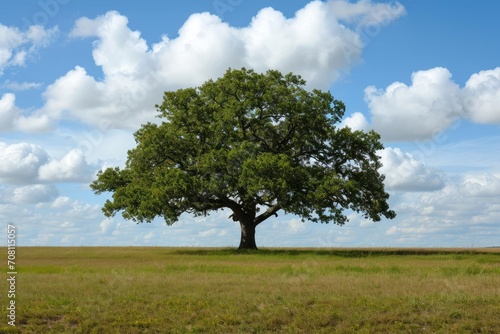 Lone oak tree standing majestically in a vast open field