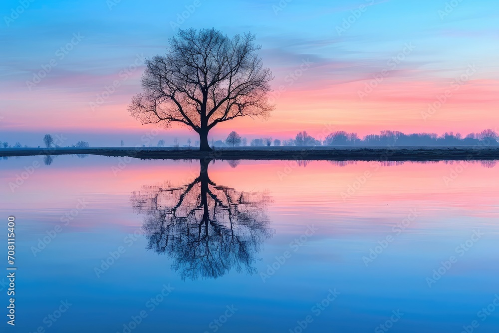 Lonely tree reflecting in a still lake at dawn