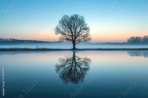 Lonely tree reflecting in a still lake at dawn