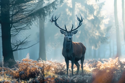Majestic deer standing in a misty forest clearing