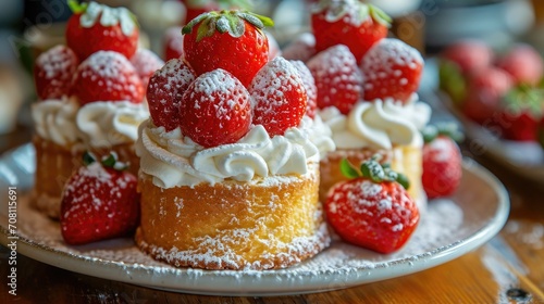 Sponge cake roll with cream, strawberries on a white plate on wooded table background 