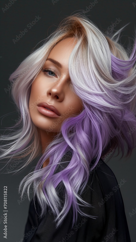 A modern blond-purple hair pretty woman in her 30s, showing off her hair, photorealistic portrait , light indigo and dark gold, instagramcore, portrait photography, studio environment
