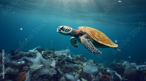 sad turtle swimming around pile of plastic waste
