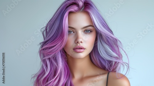 A modern blond-purple hair pretty woman in her 30s, photorealistic portrait , light indigo and dark gold, instagramcore, portrait photography, studio environment