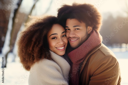 A joyful African American couple is hugging in a snowy park. © Mix City