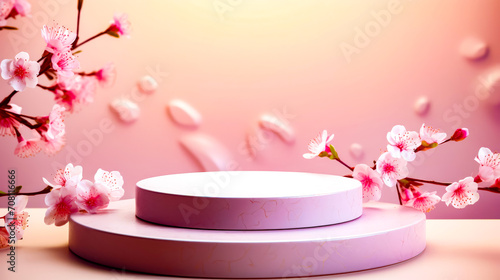 Pink background with white circular object and pink flowers on top of it.