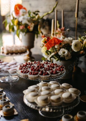 Dessert table at an event with macarons and tarts. Candy bar at a wedding.