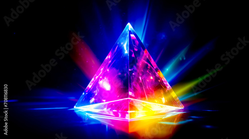 Triangle shaped object with bright light coming out of the top of it.