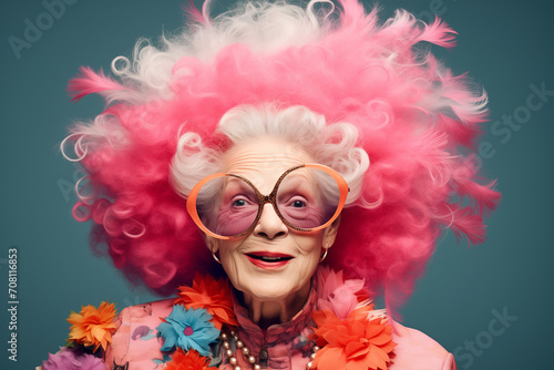 An happy elderly lady dressed extravagantly with flowers