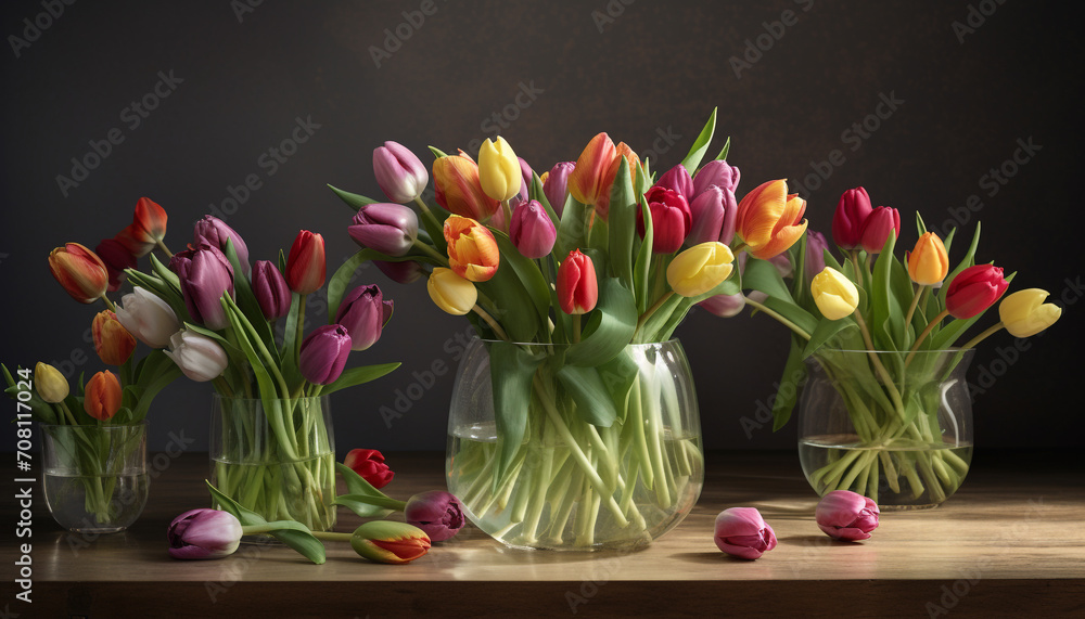Vibrant tulip bouquet brings freshness and beauty to indoor space generated by AI Vibrant tulip bouquet brings freshness and beauty to indoor space generated by AI