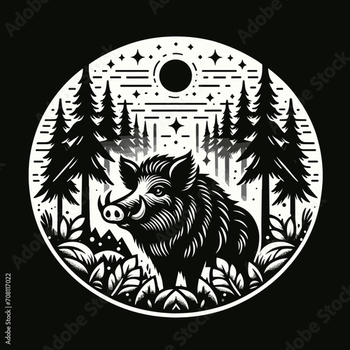 Black and white vector image of wild boar in the forrest at night