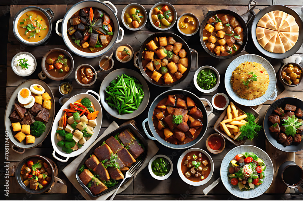 Culinary Symphony: Top-View of an Assortment of Delicious Cooked Meals Neatly Arranged on a Rustic Wooden Table