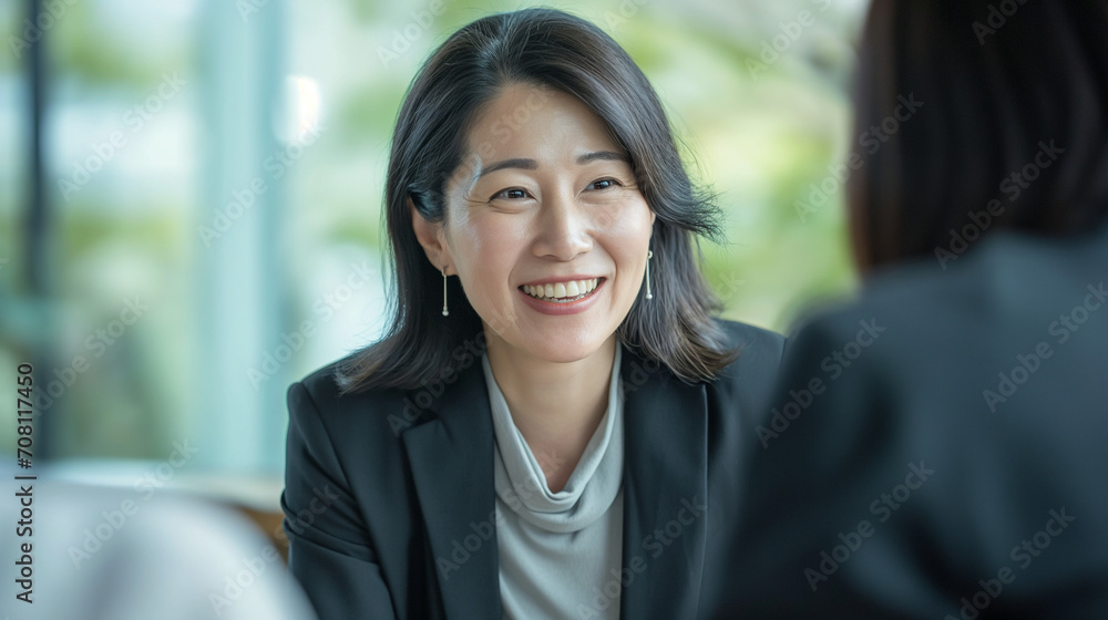 Japanese Businesswoman in Job Interview: Candid Meeting, Recruitment Talk, Manager and Candidate Discussion, Happy HR Management Interaction, Middle Aged Professional Negotiation, Business People Enga Japanese Businesswoman in Job Interview: Candid Meeting, Recruitment Talk, Manager and Candidate Discussion, Happy HR Management Interaction, Middle Aged Professional Negotiation, Business People Enga