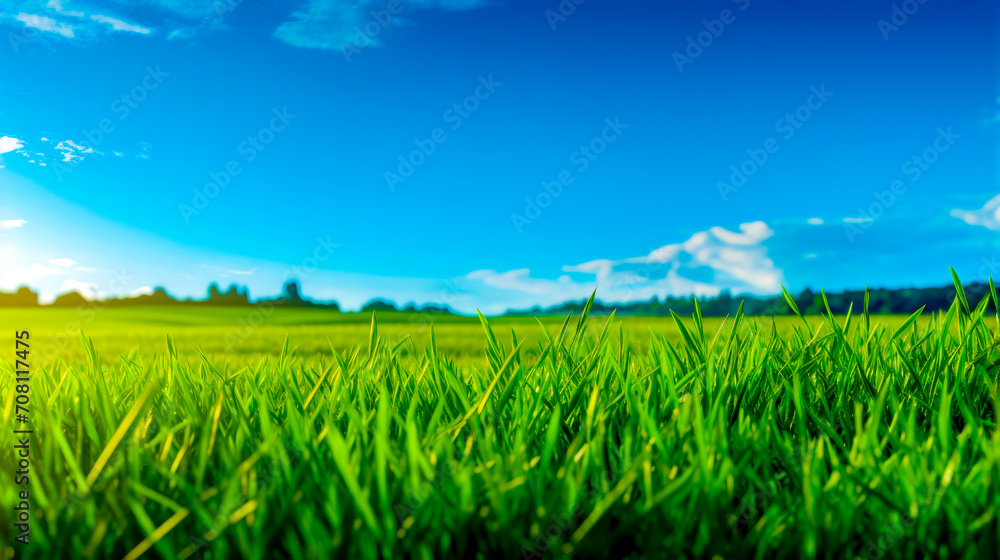 Field of green grass with blue sky in the background and few clouds in the sky.
