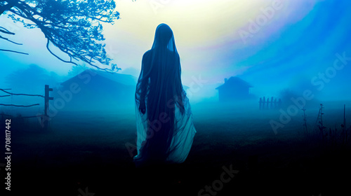 Ghostly woman standing in foggy field with cemetery in the background.