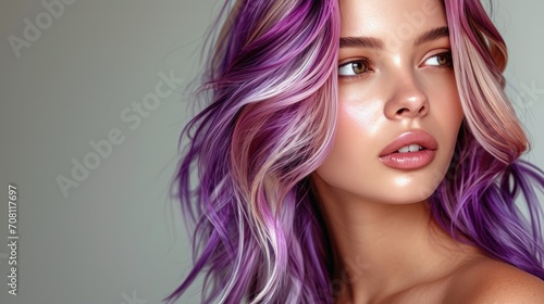 A modern blond-purple hair pretty woman in her 30s, photorealistic portrait , light indigo and dark gold, instagramcore, portrait photography, studio environment
