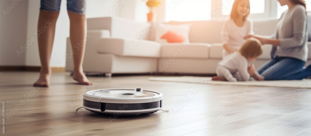 robot vacuum cleaner in modern smart home, robotic vacuum cleaner on wooden floor, Robot vacuum cleaner cleaning dust on tile floors. Modern smart cleaning technology housekeeping. robot vacuum cleaner in modern smart home, robotic vacuum cleaner on wooden floor, Robot vacuum cleaner cleaning dust on tile floors. Modern smart cleaning technology housekeeping.