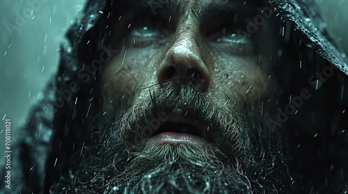 Close-up portrait of a bearded man face, black raincoat, panic, paralyzed, hypnotized eyes, looking up, cinematic lighting