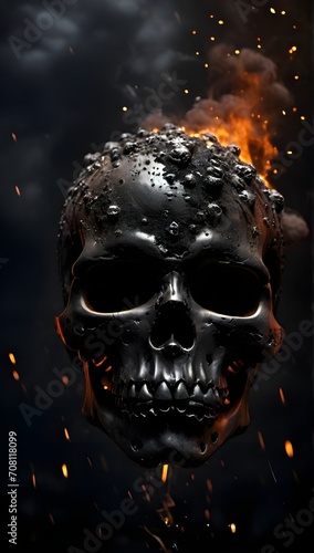 Embered Enigma: The Intimidating All-Black Skull in a Fiery Spectacle