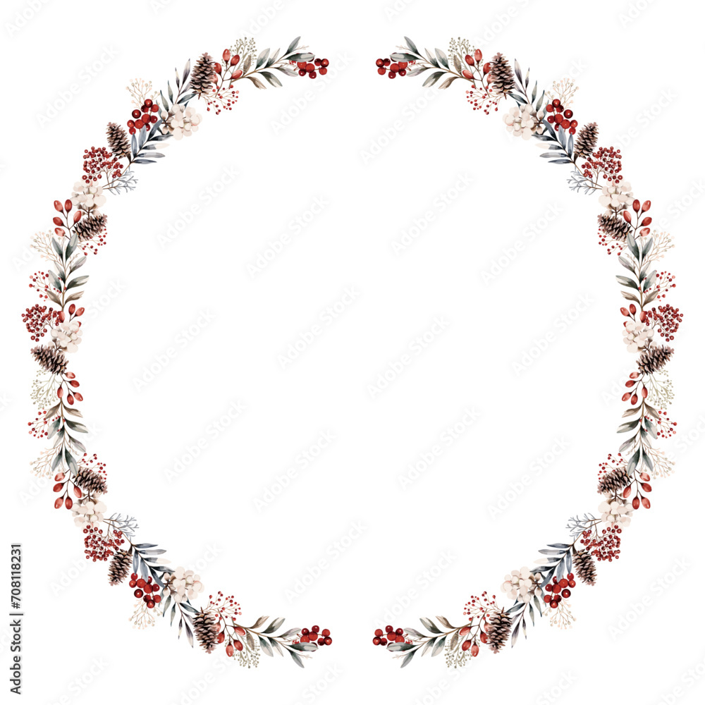 Watercolor frame of winter and autumn plant and flower set. Vector illustration of oval wreath. Watercolor frame of winter and autumn plant and flower set. Vector illustration of oval wreath.