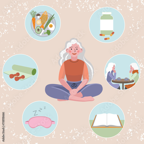 Vector illustration of elderly mature woman with gray hair with icons of healthy lifestyle, longevity, growing old, hormonal balance, healthy food, communication, sport, sleep, supplements, self-help