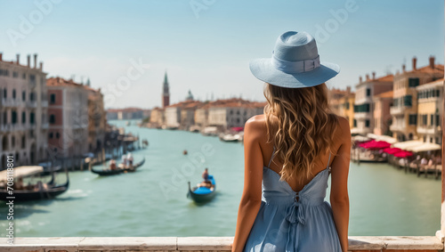A girl in a hat and sundress with her back to the camera against the backdrop of Venice tourist © tanya78