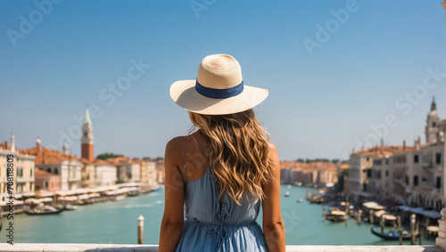 A girl in a hat and sundress with her back to the camera against the backdrop of Venice visiting © tanya78