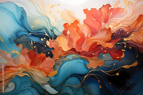Iridescent waves of teal and coral dancing together, forming a magical and enchanting abstract landscape of liquid beauty