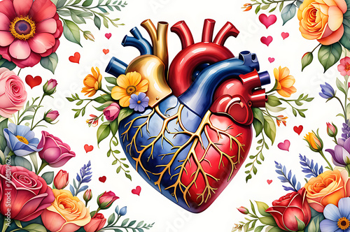 Heart s Bloom  Watercolor Illustration of a Human Heart Entwined with Vibrant Flowers  Symbols of Love and Compassion