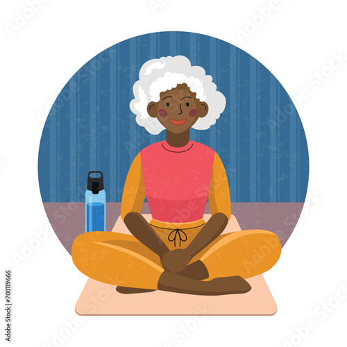 Vector illustration of elderly african american woman with gray hair sitting crossed legs on a sport mat with water bottle