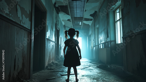 A horror-inspired scene: young girl in pig-tailed hair stands in debris-filled, dilapidated hallway with peeling paint and broken ceiling, creating eerie ambiance.