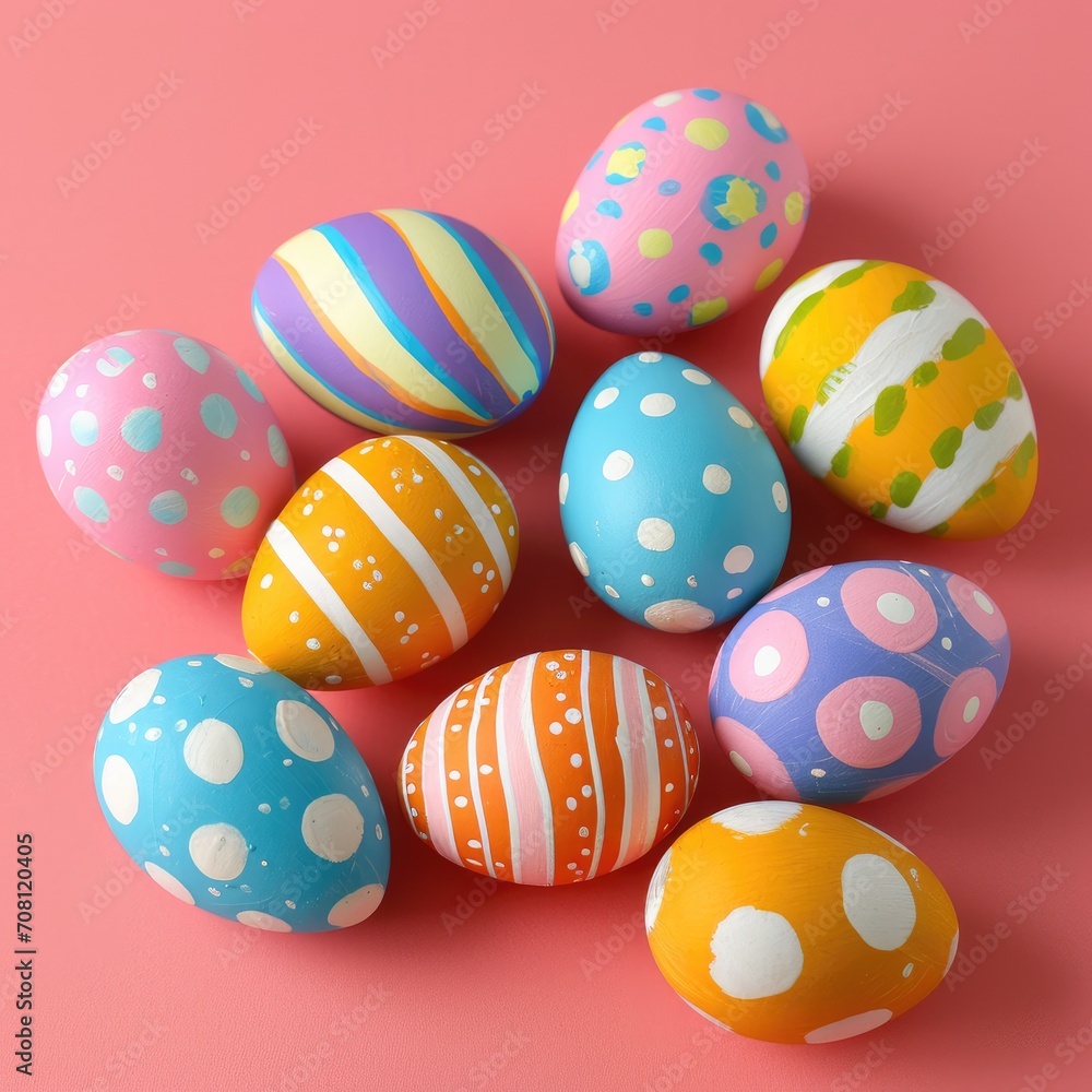Colorful decorated by children in spots and stripes bright easter eggs