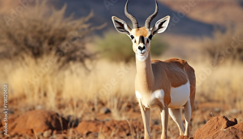 Standing springbok in African savannah, looking at camera, alertness generated by AI photo