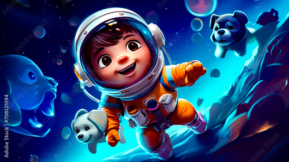 Little boy in astronaut suit flying through the air with dog. Little boy in astronaut suit flying through the air with dog.