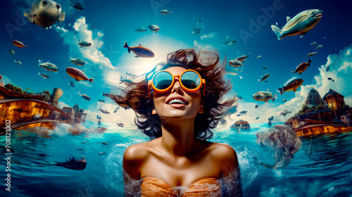 Woman with sun glasses floating in the ocean with fish around her head.