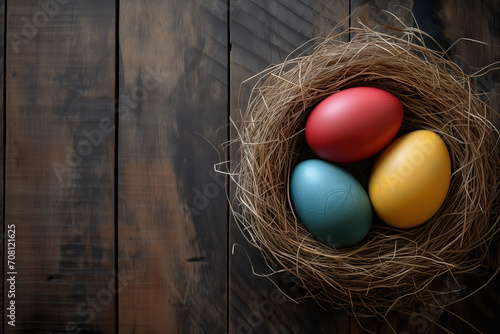 Top view of red, blue and yellow easter eggs in nest on wooden table