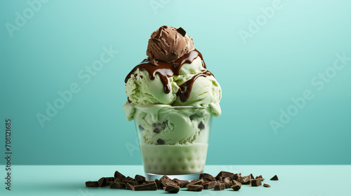 copa de helado de menta con trozos de chocolates sobre un fondo verde claro photo