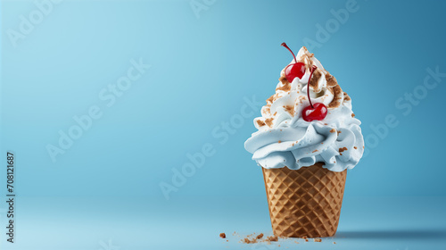 cono de helado de nata con cerezas sobre un fondo azul claro