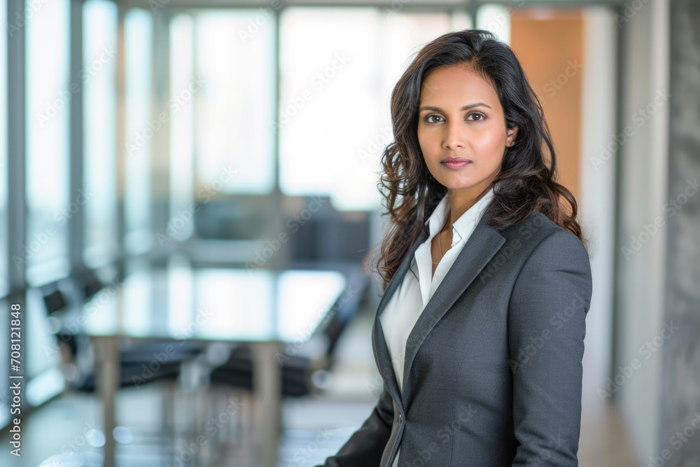 Professional headshot with a modern twist. a 45-year-old South Asian woman dressed in a sharp suit standing confidently in an elegant office setting Professional headshot with a modern twist. a 45-year-old South Asian woman dressed in a sharp suit standing confidently in an elegant office setting
