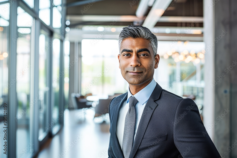 Professional headshot with a modern twist. a 45-year-old South Asian man dressed in a sharp suit standing confidently in an elegant office setting Professional headshot with a modern twist. a 45-year-old South Asian man dressed in a sharp suit standing confidently in an elegant office setting