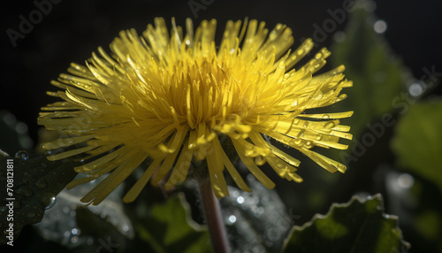 Yellow dandelion flower in a meadow, wet with morning dew generated by AI