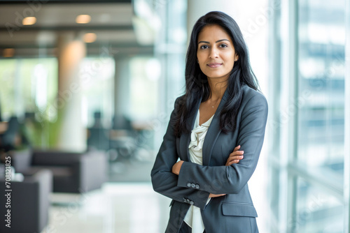 Professional headshot with a modern twist. a 45-year-old South Asian woman dressed in a sharp suit standing confidently in an elegant office setting photo