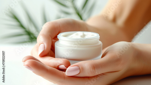  Illustration of a woman's hands holding a jar of cream. Beauty product display. Generative AI