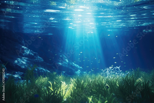 An underwater world with rays of light penetrating through the water