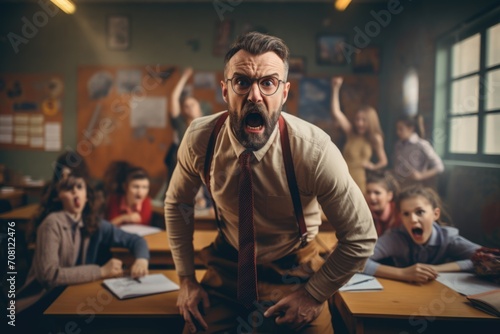 The teacher is furious at the lesson against the background of noisy children photo