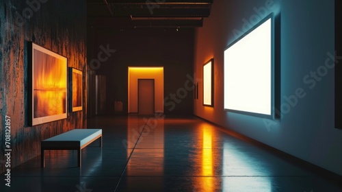 Modern empty gallery room interior with white mock up frame on illuminated dark wall