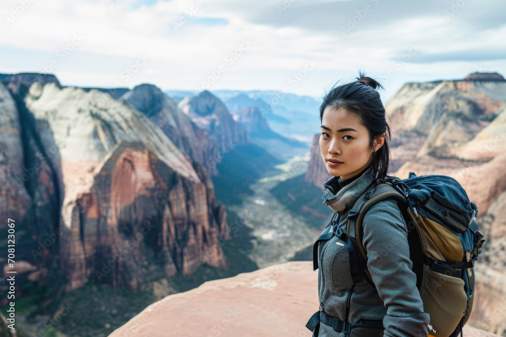 asian woman on the top of the mountain