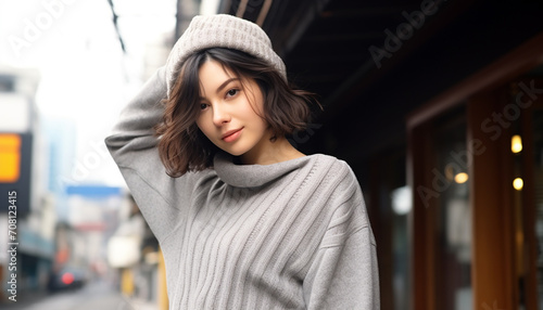 Smiling young woman in fashionable winter clothing generated by AI